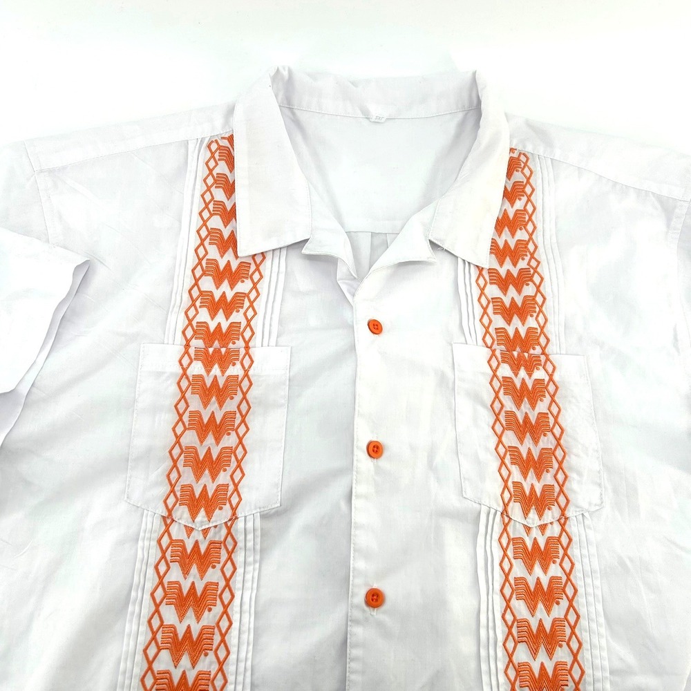 Mens Whataburger White Orange Embroidered Guayabera Short Sleeve Camp Shirt 2XL